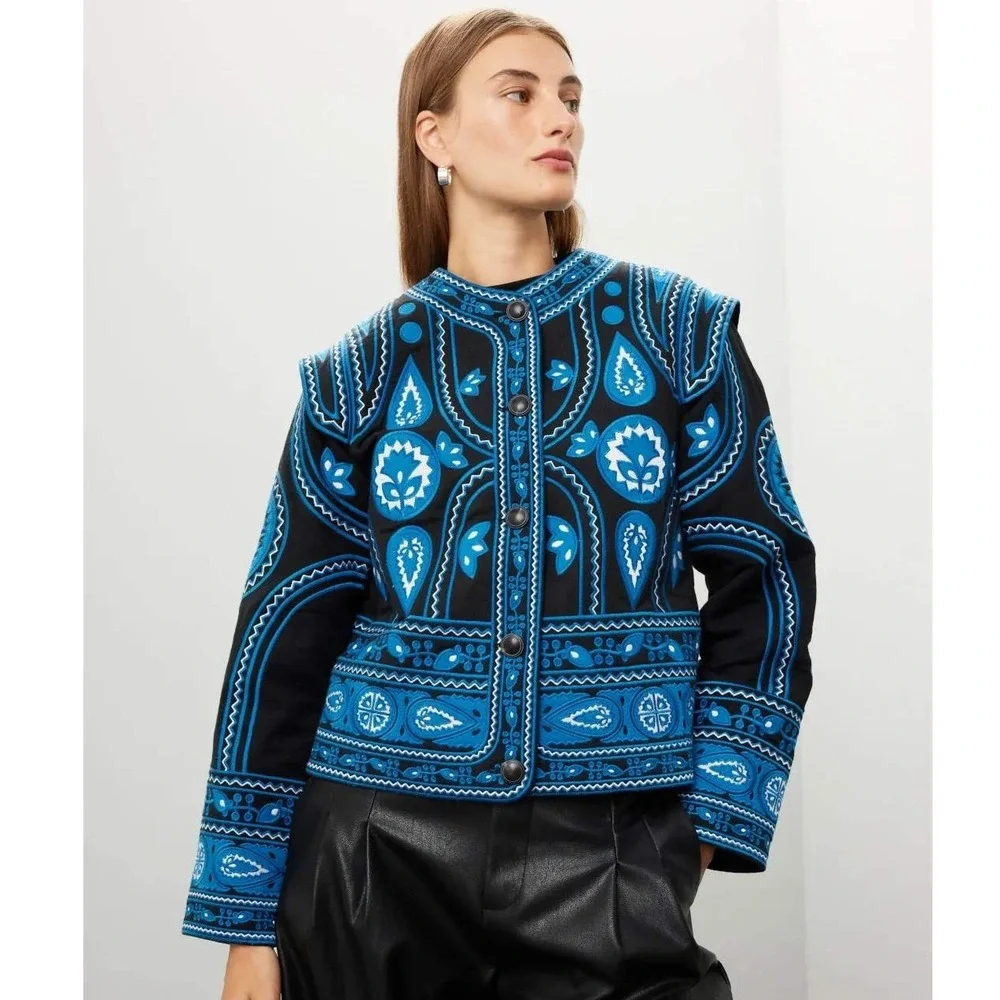 Sea New York Gael Quilted Jacket Black Blue Embroidered Paisley Boho Sz L